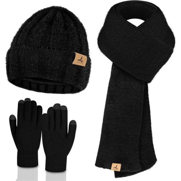 Winter Beanie Hat Scarf Gloves Black - Picture 1 of 7